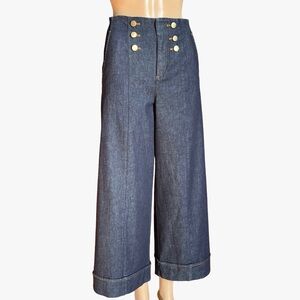 ZARA High Rise Sailor Wide Leg Jeans Gold Button Cropped